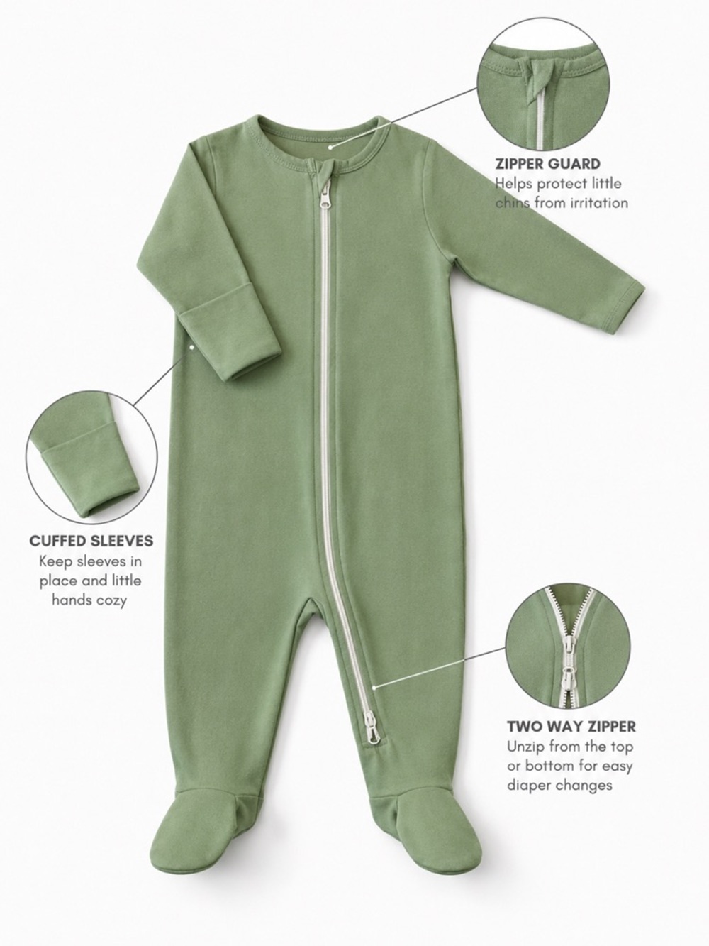 NWT Baby Footed One-Piece Pajama with Two-Way Zipper & Cuffed Sleeves - Picture 2 of 4
